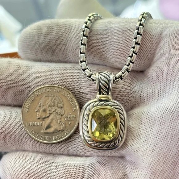 David Yurman 925 & 14k Gold Albion Pendant Necklace with Lemon Citrine 16" - Picture 9 of 10